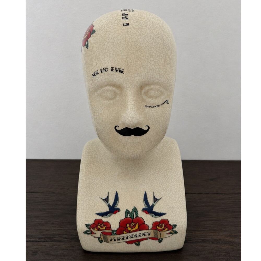 Three Hands Crackle Glaze Tattooed Phrenology Head